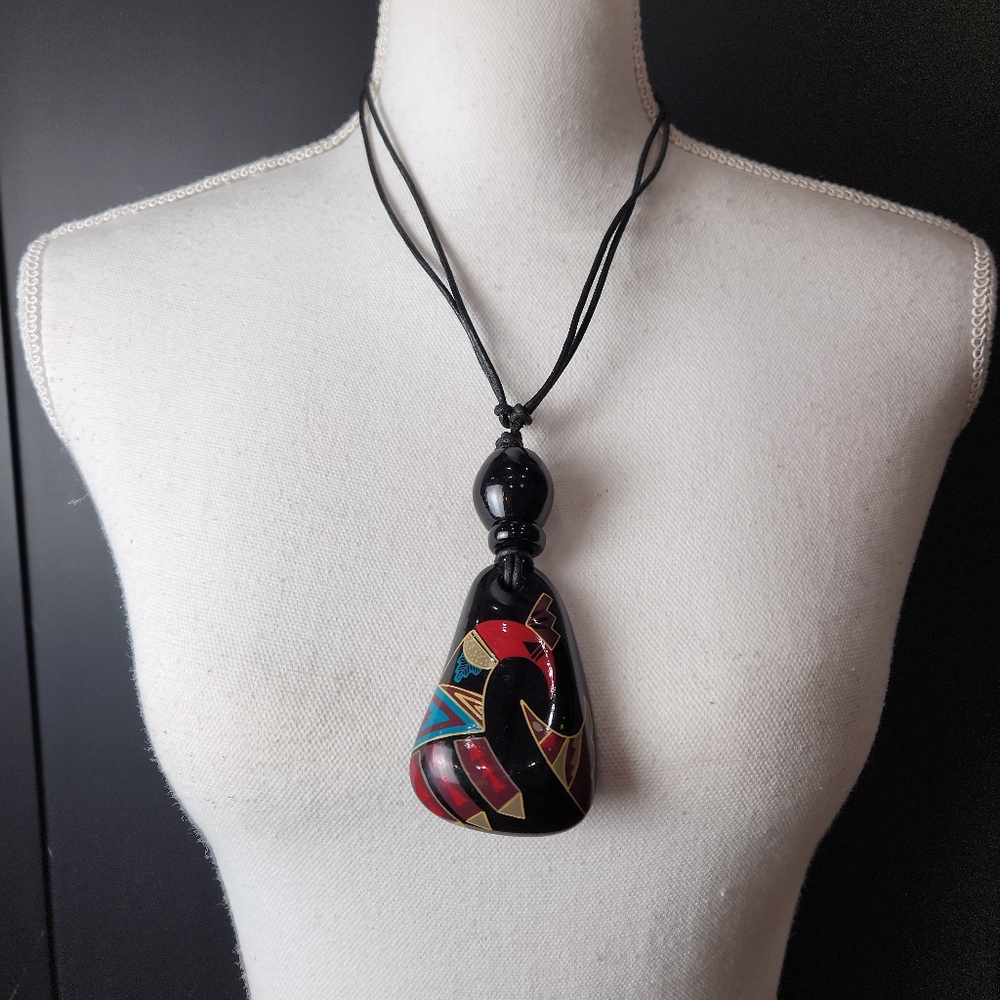 VINTAGE ATC HAND PAINTED LARGE PENDANT  ADJUSTABLE  LEATHER STRAP NECKLACE